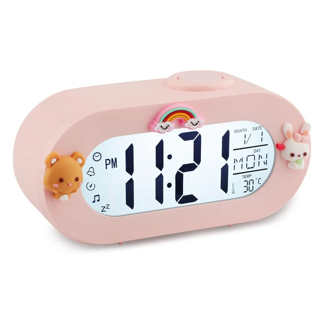 Réveil numérique Ayybboo avec fonction snooze, 8 sonneries, 12/24 heures - Facile à utiliser pour chambre d'enfant, chambre à coucher, salon - Rose