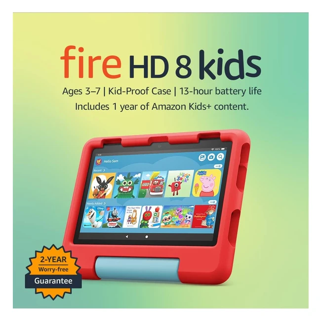 Amazon Fire HD 8 Kids Tablet | 8-Inch HD Display | Ages 3-7 | 2-Year Worry-Free Guarantee | Kid-Proof Case | 32GB | 2022 Release | Red