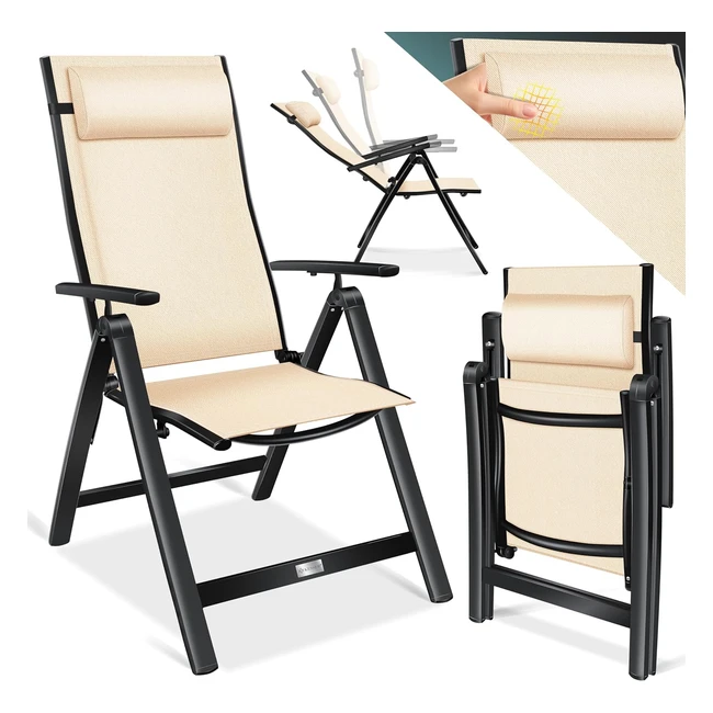 Kesser Gartenstuhl Hochlehner mit Armlehnen Aluminium Klappstuhl inkl. Kissen Campingstuhl 7-fach verstellbare Rückenlehne atmungsaktiv und wetterfest faltbar und rutschfest beige