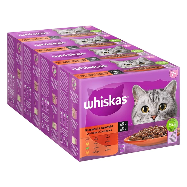 Whiskas 7 Katzenfutter Classic Auswahl in Sauce 12 x 85 g 4er Pack - Hochwertiges Nassfutter ab 7 Jahren