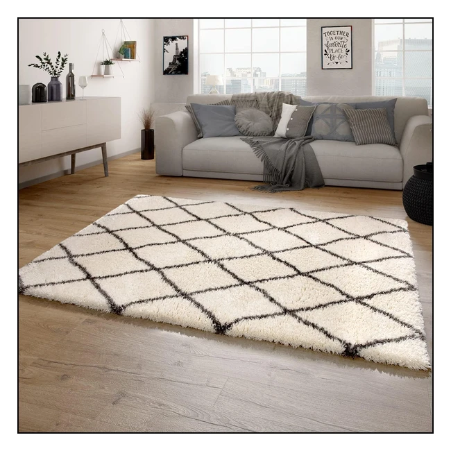 Tapis Shaggy Salon Motif Diamant Scandinave Moderne 200 cm Carré Crème