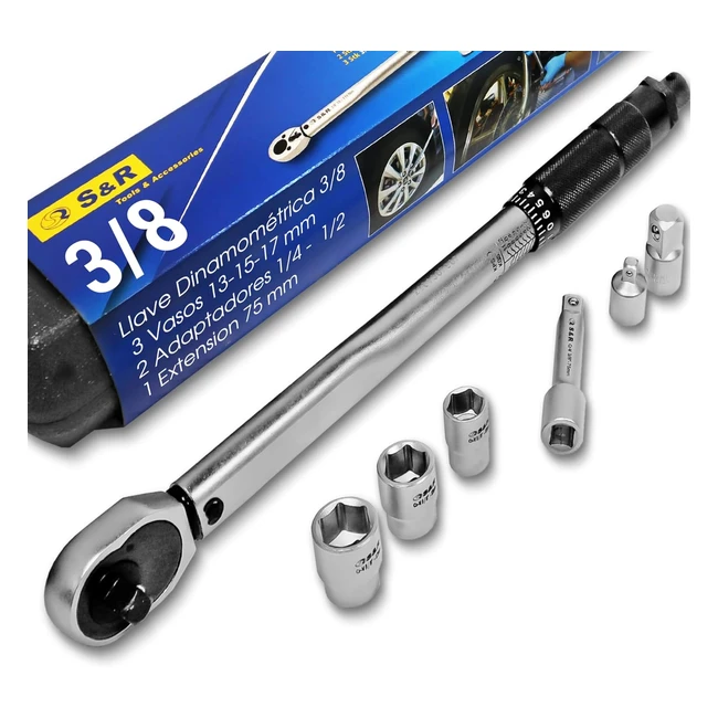 Llave Dinamométrica 3/8 19110 Nm 375 cm Extensión 75 cm Adaptadores 3/8 1/4 Tuercas 13-15 mm Acero CRV