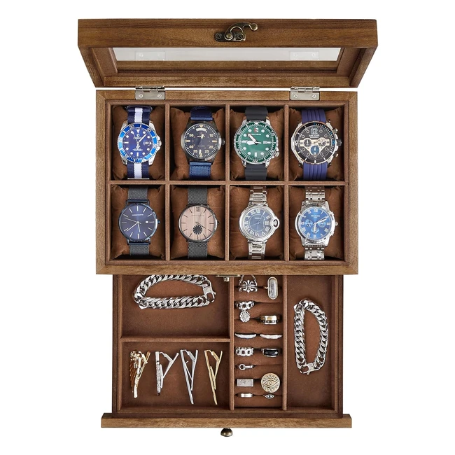 Caja de Relojes Songmics con 8 Ranuras - Estuche de Madera 2 Niveles - Tapa de Cristal - Regalo Ideal - JOW008K01