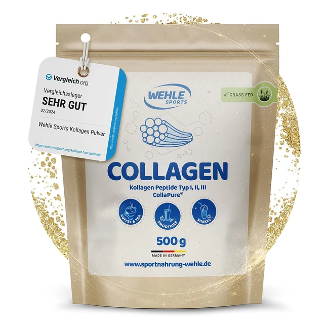 Kollagen Pulver - Collagen Hydrolysat Protein Pulver für den täglichen Gebrauch in Smoothies Shakes Soßen Getränken Wehle Sports - Made in Germany - Kollagen Typ 1 2 3 - 500g