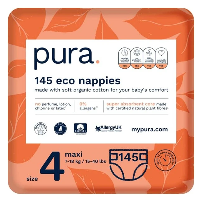 Pura Pañales Bebé Premium Eco T4 Maxi 10-17 kg 5 Paquetes 145 Pañales Fibras Naturales FSC