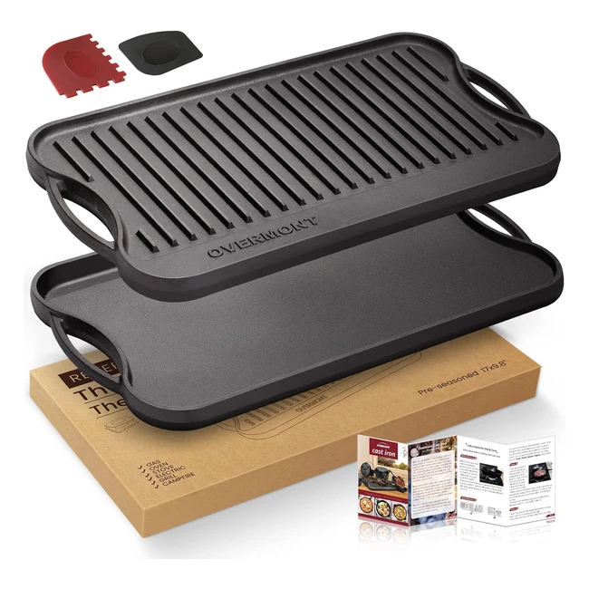 Parrilla Reversible Overmont Hierro Fundido 17" - 8.8 lbs - Ideal para Estufa de Gas y Horno - Incluye Raspadores