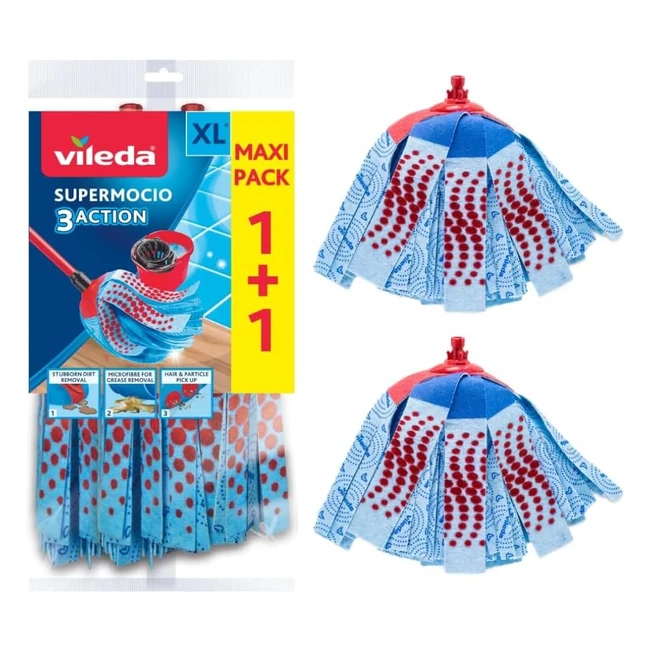 Vileda SuperMocio 3Action XL Mop Refill Pack of 2 - Removes 99 of Bacteria - Machine Washable