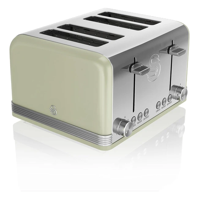 Swan ST19020GN Retro 4-Slice Toaster - Defrost/Reheat/Cancel Functions - 1600W - Retro Green