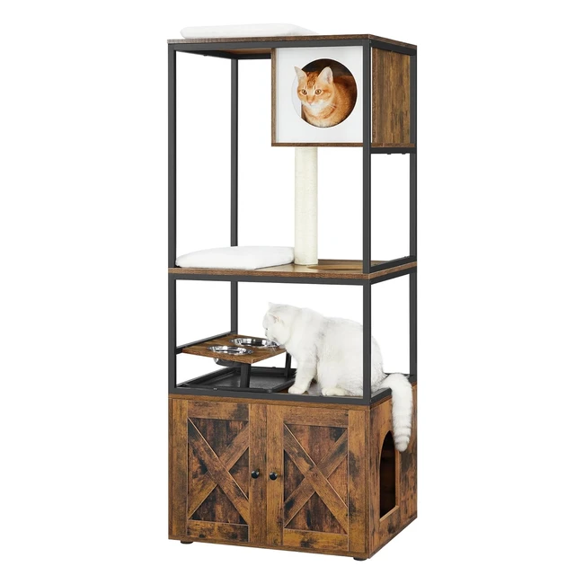 Arbre à chat FEANDREA PCT312X01 - Maison pour chat avec cachelitière, gamelles surélevées, poteau à griffer en sisal - Marron rustique