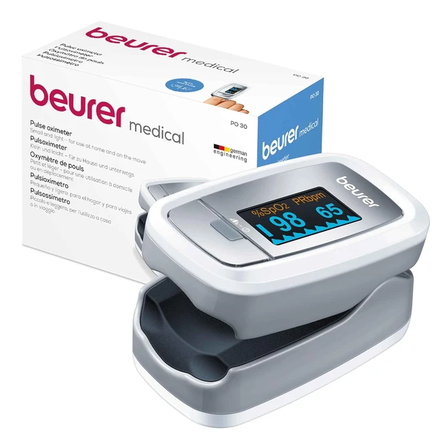 Beurer PO 30 Oxymètre de pouls digital - Mesure de saturation en oxygène et pouls - 57g - Blanc et argent
