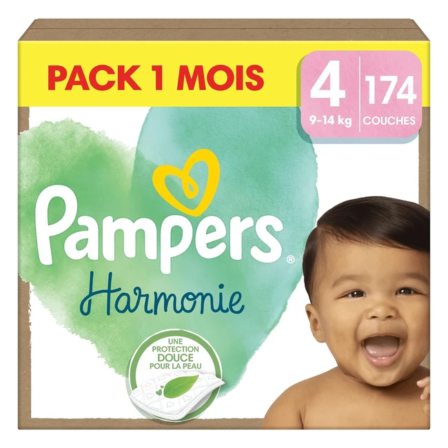 Pampers Harmonie Taille 4 174 Couches - Protection Douce pour la Peau - Ingrédients d'Origine Végétale - Pack 1 Mois