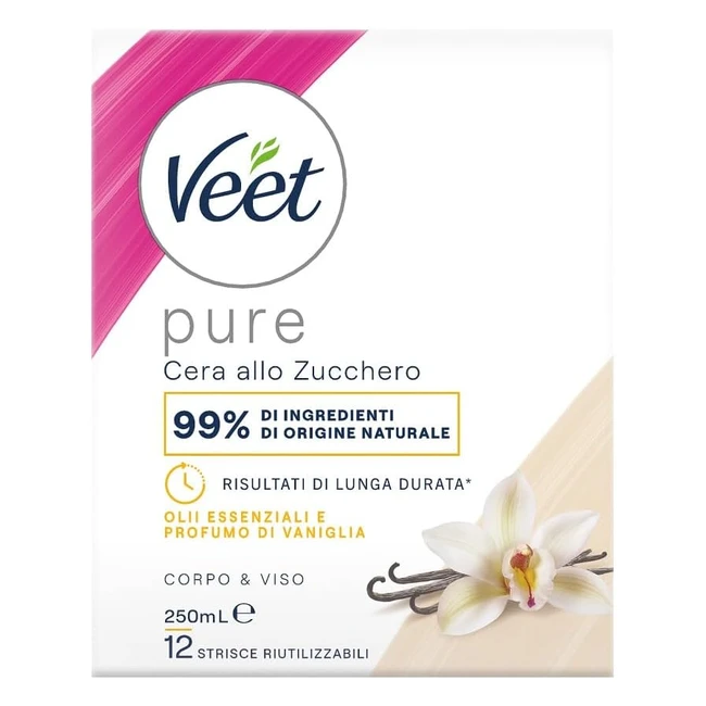 Veet Cera allo Zucchero con Oli Essenziali e Vaniglia 250ml + 12 Strisce Riutilizzabili