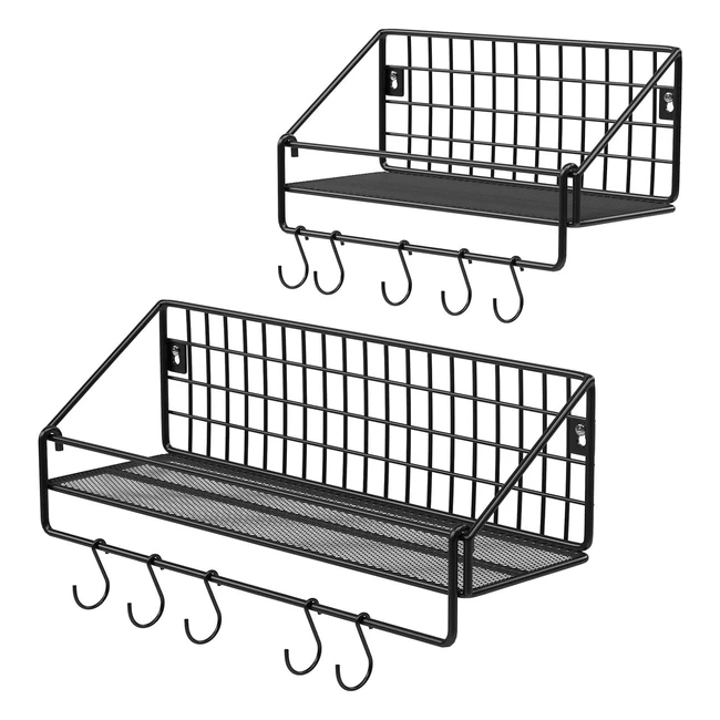 Songmics Wandregal Industriedesign Metallregal pro Regal hält 15 kg 2er-Set Küchenregale mit 10 Haken für Schlafzimmer oder Wohnzimmer Schwarz LFS02BK