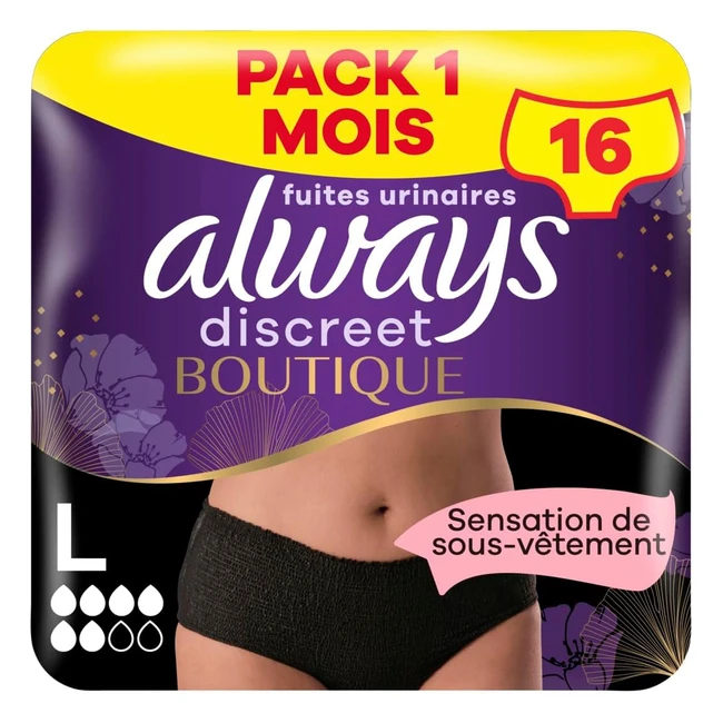 Culottes Incontinence Femme Always Discreet Boutique - Pack 16 + 6 Gouttes - Taille L Basse Noire