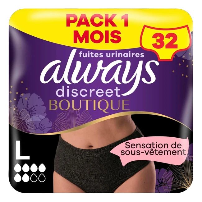 Culottes Incontinence Femme Always Discreet Boutique 32 - Taille L Noire - Protection Très Absorbante - Pack 1 Mois