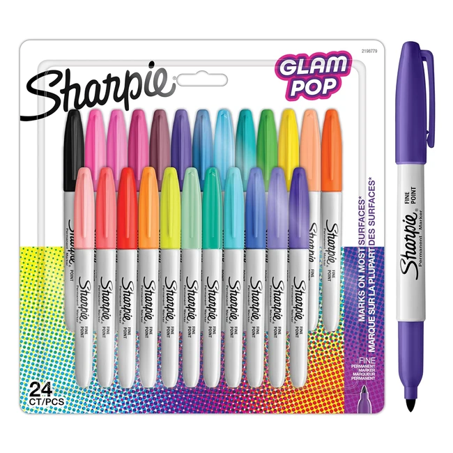 Sharpie Glam Pop Permanent Markers - Fine Point - Assorted Vibrant Colours - 24 Pens