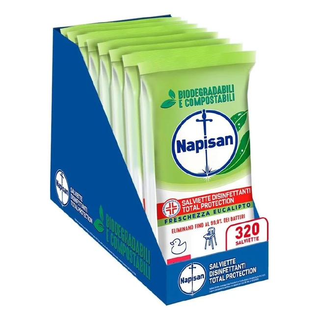 Napisan Salviette Disinfettanti Total Protection - Freschezza Eucalipto - Confezione 8 Pacchi x 40 - Biodegradabili e Compostabili