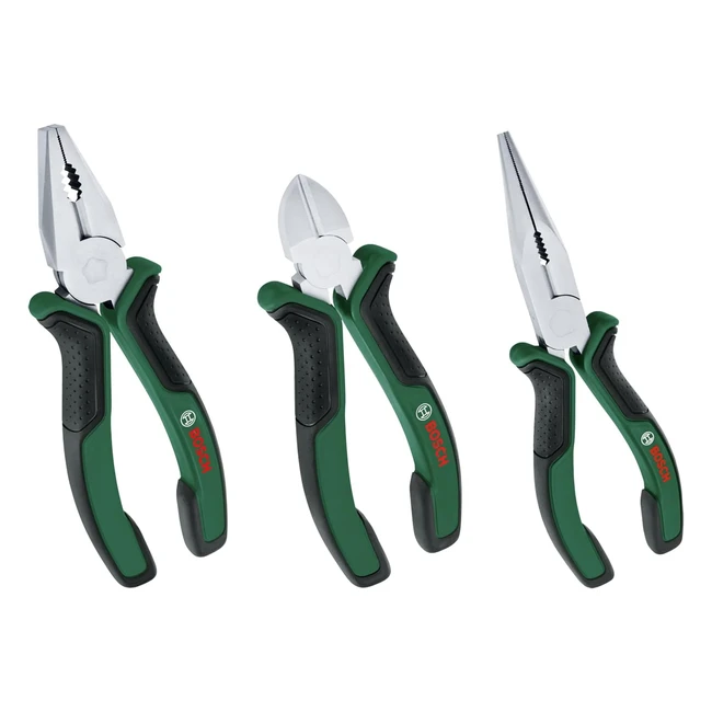 Bosch Set di Pinze 3 Pezzi - Pinze Combinate, Taglierina Laterale Diagonale, Pinze Becco Lungo - Durevole e Ergonomico