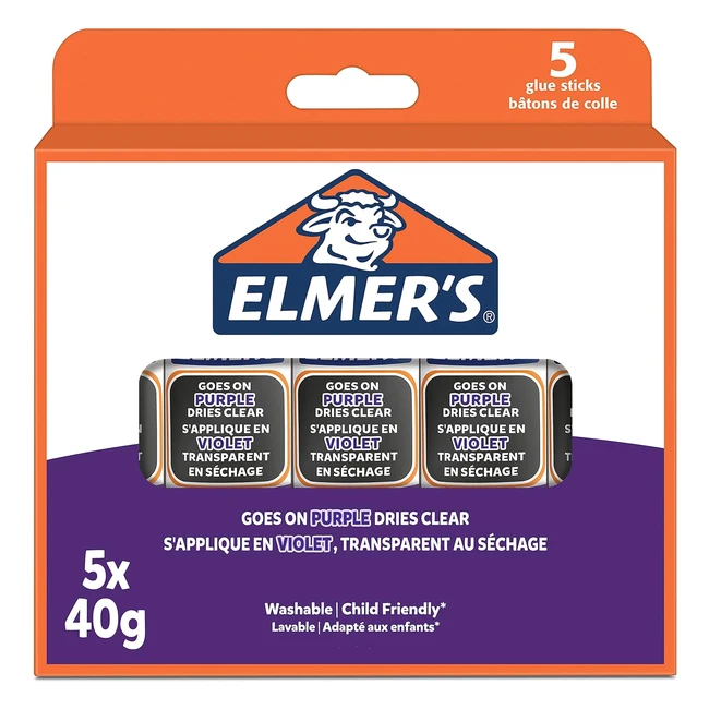 Elmers Btons de Colle Violette Transparente 40g Lot de 5 - Parfaite pour l'cole et les Travaux Manuels