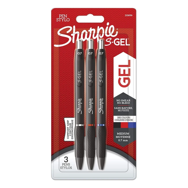 Lot de 3 Stylos Gel Sharpie Pointe Moyenne 07mm - Encre Noire, Rouge et Bleue