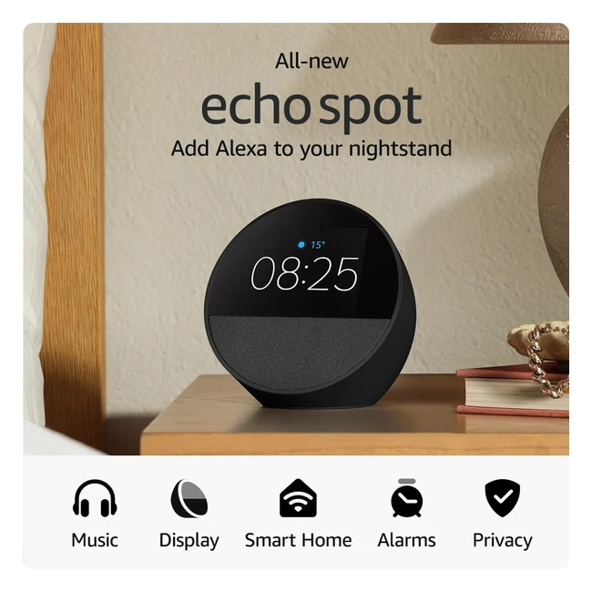 All-New Echo Spot 2024 Release Smart Alarm Clock with Vibrant Sound - Alexa Black