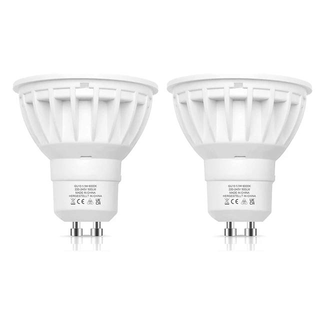 55W LED GU10 Bulbs - Energy Saving Replacement for 50W Halogen Bulbs - Cool White 6000K - 120 Beam Angle - Non-Dimmable - 2 Pack