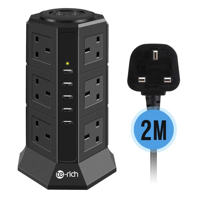 Terich 12 Gang Surge Protector Power Strip with 5 USB Chargers - 2500W10A, 2m Cable, Separate Switches