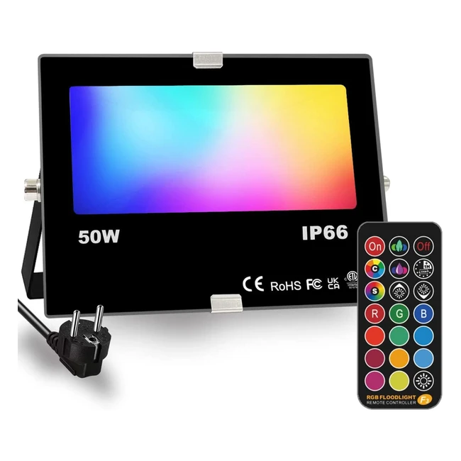 Foco LED RGB exterior 50W con control remoto y temporizador - 12 colores y modo estroboscópico personalizado