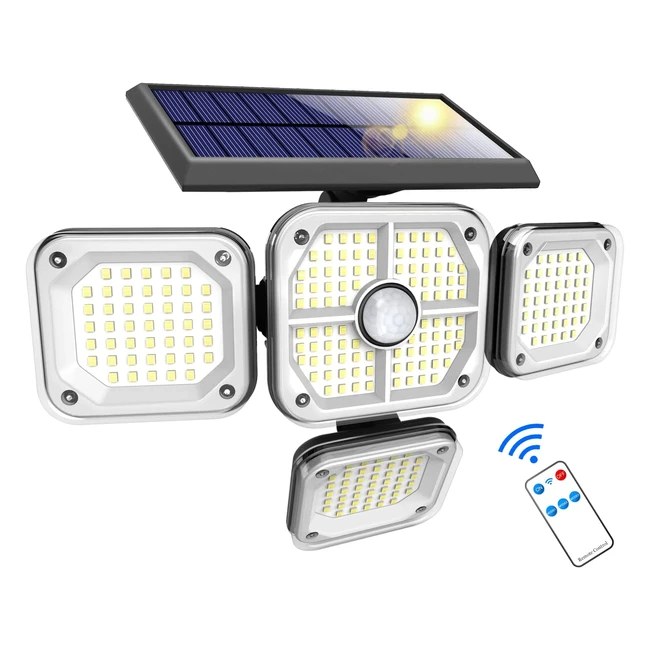 Solar Security Lights Outdoor - 4 Heads 231LED - 300 Wide Angle - 3 Lighting Modes - Remote Control - IP65 Waterproof
