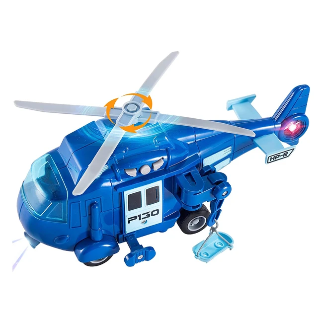Hersity Rescue Helicopter Toy - Blue Police Plane with Light and Sound - Push and Go Airplane for Kids 3-5 Years Old