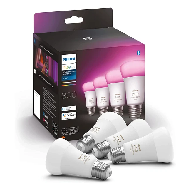 Philips Hue Smart Light Bulb 4 Pack - White & Color Ambiance 60W 800 Lumen E27 Edison Screw with Bluetooth - Works with Alexa, Google Assistant, and Apple HomeKit