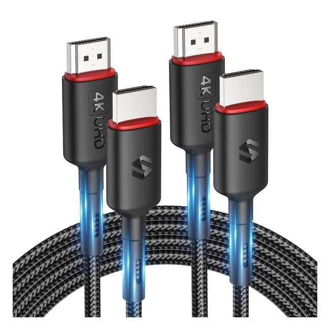 Silkland 4K HDMI Cable 2m 2 Pack - Supports 4K60Hz ARC HDR 3D Ethernet - Perfect for TV, Blu-Ray, PS5, Xbox, Projector, Soundbar