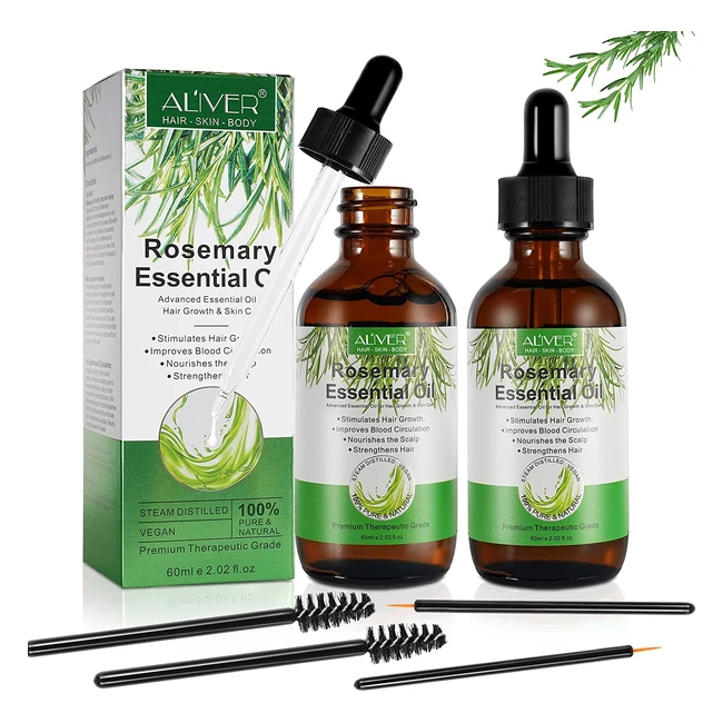 2 Pack Rosemary Essential Oil for Hair Growth and Skin Care - Nourishes Scalp, Stimulates Hair Follicles, Reduces Hair Loss - 60ml