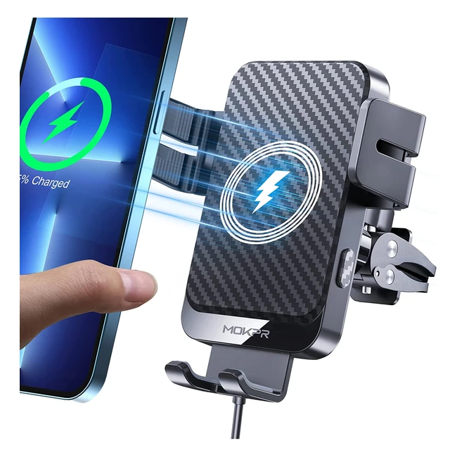 Mokpr Wireless Car Charger Mount - 15W Fast Charging Auto-Clamping Phone Holder for iPhone 14/13/12 Pro, Samsung Galaxy S22/S21/S20, etc.