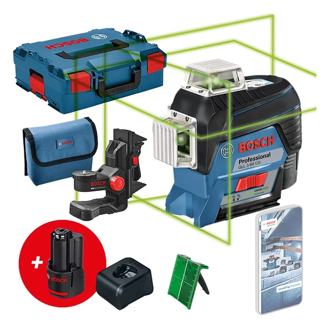 Bosch Professional 12V System Line Laser GLL 380 CG - Green Laser mit App-Funktion, Arbeitsbereich bis zu 30 m, inkl. 2x 12V Batterien, Ladegerät, Universalhalterung und L-BOXX