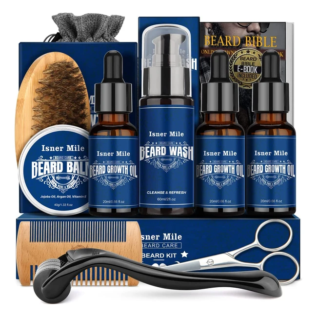 Kit de soins pour barbe homme avec huile, brosse, peigne, baume, shampooing et rouleau à barbe - Cadeaux pour papa, mari, petit ami - Réf. XXXX