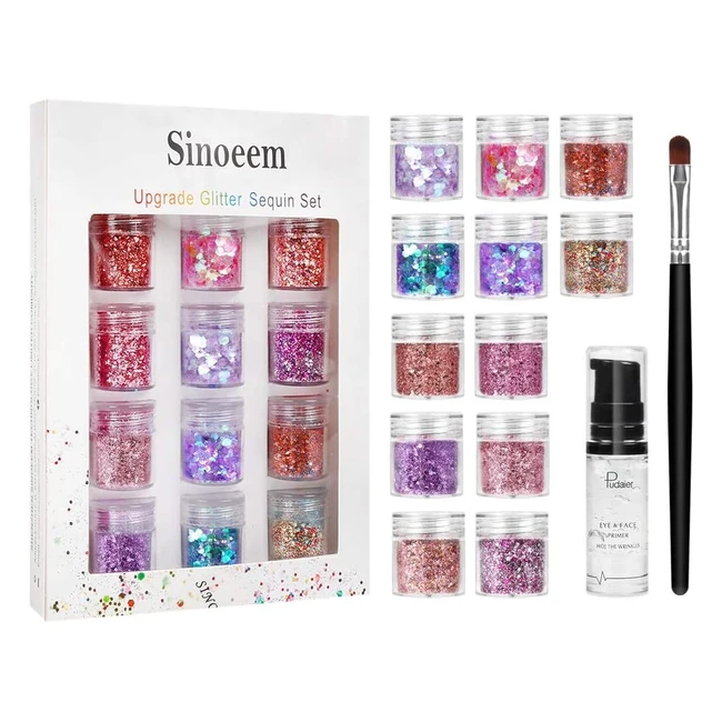 Sinoeem 12 Color Face Glitter for Body, Hair & Makeup with Fix Gel & Brush - Safe & Non-Toxic