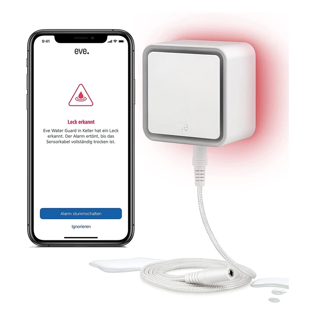 Eve Water Guard - Smart Water Detector mit 2 m Sensor-Kabel, 100 dB Wasser-Alarm, für iPhone, iPad, Apple Watch, Apple HomeKit, Bluetooth, Thread
