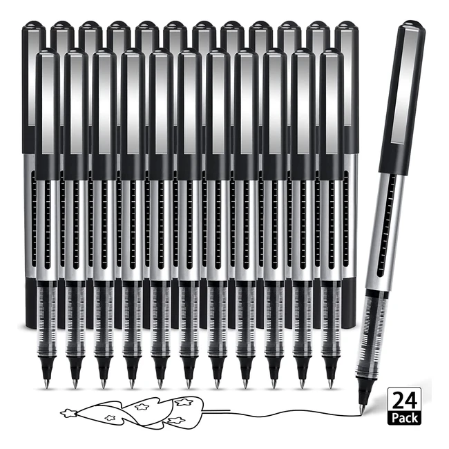 Akarued Rollerball Pens 24 Pack - Black Gel Pens 0.5mm - Quick-Drying Ballpoint Pens for Bullet Journal, Notebook, School & Office