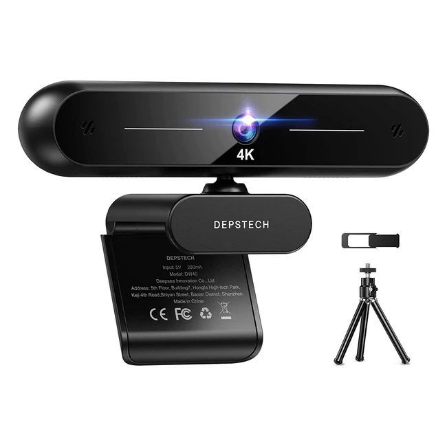 Depstech 4K Webcam with Dual Microphone Autofocus Privacy Cover and Tripod - 