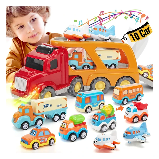 10-Piece Friction Power Vehicle Toy Set for 2-5 Year Old Boys & Girls - Large Carrier Truck & Colorful Cars, Trucks, and More!