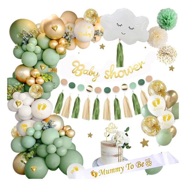 Décoration de Baby Shower Vert Sauge avec Bannière Oh Baby, Ballons et Accessoires - Garçon Fille Baptême (#RéférenceProduit)