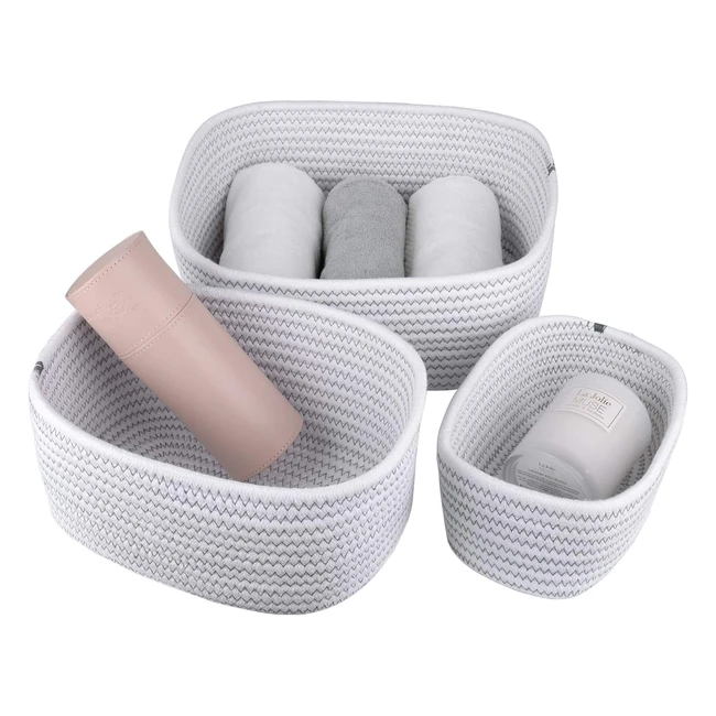 La Jolie Muse Cotton Rope Storage Basket Set of 3 - White Zig Zag Pattern - Versatile Organizer Bins