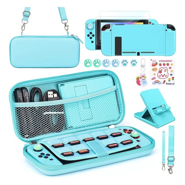 Younik Switch Accessories Bundle - 15 in 1 Kit for Girls with Carrying Case, Game Card Slots, Adjustable Stand, and Protective Cases - Jconblue