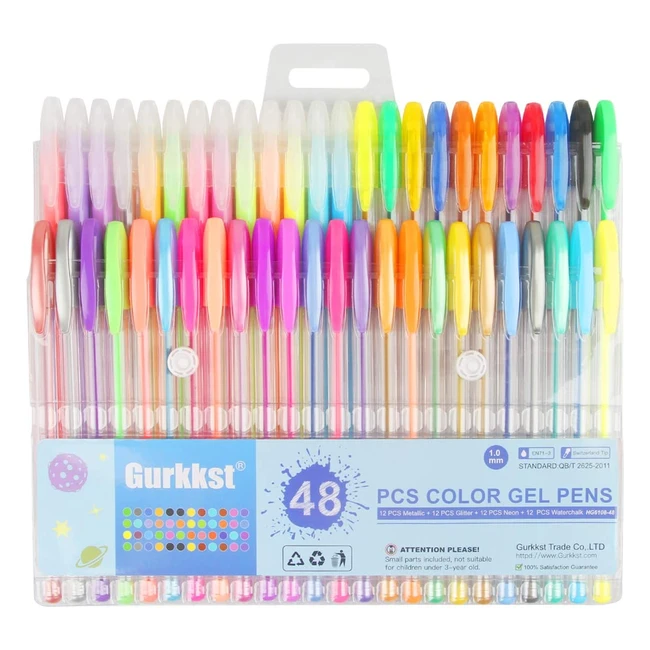 48 pcs Gurkkst Gel Pens Set - Metallic, Glitter, Neon, Water Chalk - Drawing, Writing, Coloring Books - Non-Toxic & Acid-Free