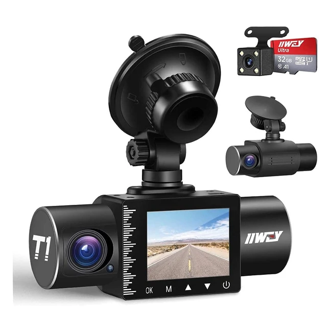 iiwey 3-Channel Dash Cam with IR Night Vision, 1080p Full HD Video, Motion Detection, and G-Sensor