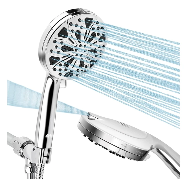 Ciicii High Pressure Shower Head 10 Modes - 15m Hose Set - Anticlog Nozzle - Power Wash Spray - Chrome