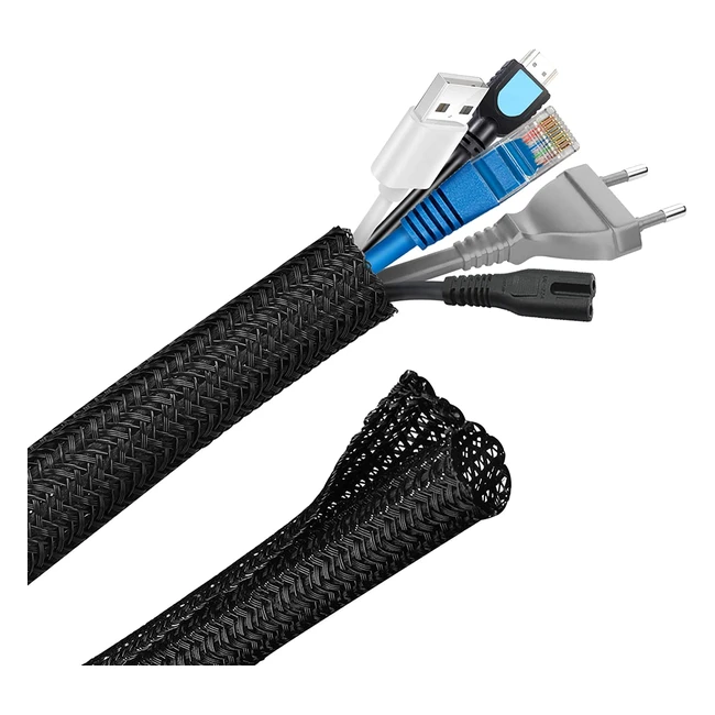 Flexible Cable Tidy Sleeve - 6m Braided Management for TV, PC, Home and Office - Pet Chewingproof - Black