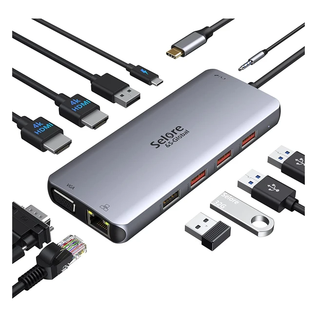 USB C Docking Station Dual HDMI 11 in 1 Hub for MacBook Dell Surface - Multiport Adapter with Ethernet, USB 3.1, 20V PD, VGA - #WorkFromHome