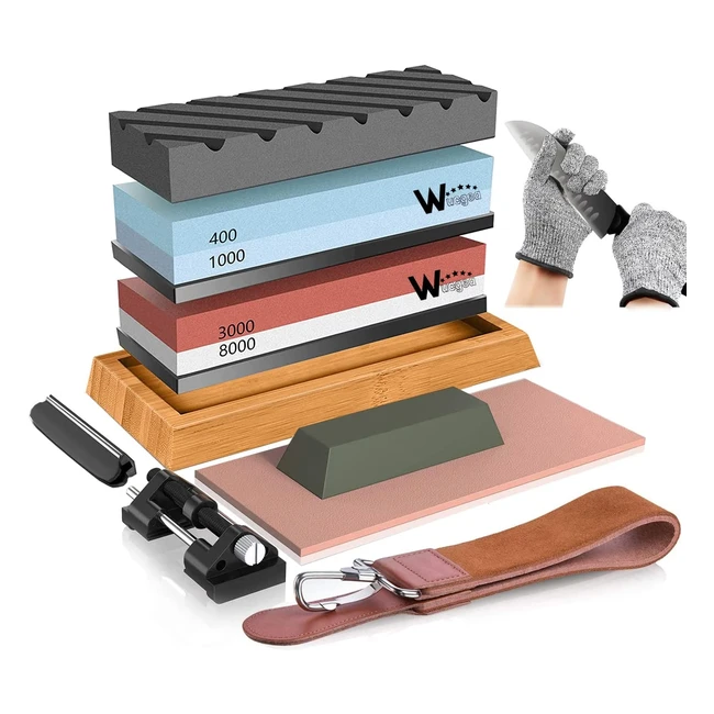 Professional Knife Sharpeners Kit - 4001000 30008000 Grit Whetstone Set with Non-Slip Base, Angle Guide, Flattening Stone, Strop, and Gloves